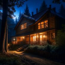 House in wood, soft light, night