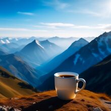 Белая кружка кофе на фоне высоких гор