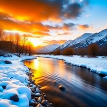 Река в заснеженных горах на закате