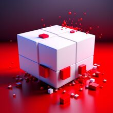 Красный кубик встаёт в группу белых кубиков, artstation 