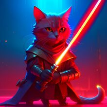 Кот с красным световым мечом, artstation