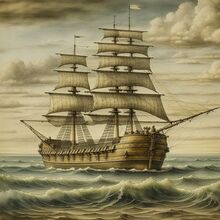 Корабль в море, 18 век, естественные цвета
