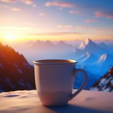 Белая кружка кофе на фоне высоких гор, зима, рассвет, artstation 