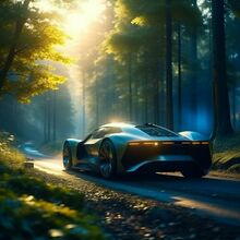 Автомобиль будущего едет по дороге через лес, concept art, cinematic light